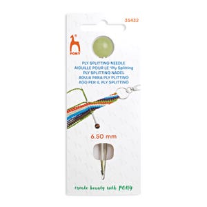 May include: A silver ply splitting needle with a green plastic handle and a key ring. The packaging says "PLY SPLITTING NEEDLE" and "create beauty with PONY".