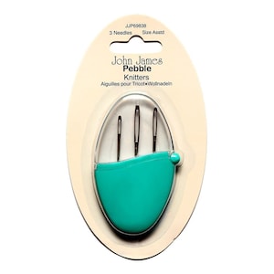 May include: A pack of John James Pebble Knitters needles in a teal plastic case. The packaging says "John James Pebble Knitters" and "Aiguilles pour Tricot - Wollnadeln".
