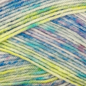 May include: A skein of yarn with a variegated colour pattern in shades of blue, green, yellow, and white.