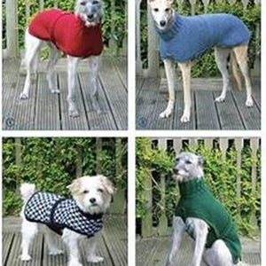 May include: Four different dog sweaters in red, blue, black and white checked, and green. The sweaters are shown on four different dogs. The sweaters are for greyhounds, whippets, and small dogs. The sweaters are made in chunky and double knitting. The sweaters fit lengths of 10-30 inches or 25-76 cm.
