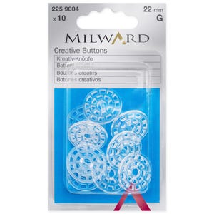 May include: A pack of 10 clear plastic buttons with a decorative design. The buttons are 22 mm in diameter and are labelled "Creative Buttons" in English, German, French, and Spanish.