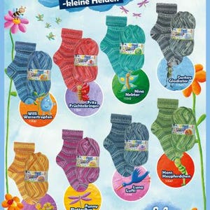 May include: An advertisement for Opal Heroes sock yarn and socks. The image shows a variety of colourful socks and yarn balls, with character names such as "Willi Wassertropfen" and "Nina Nebtar". The text "Heroes" and "-kleine Helden" is displayed.