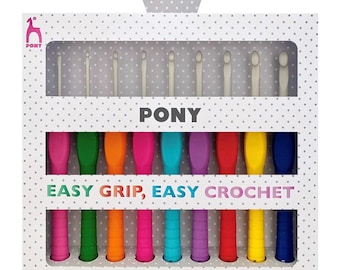 May include: A boxed set of crochet hooks. The hooks are white with brightly coloured handles. The box features the brand name "PONY" and the text "EASY GRIP, EASY CROCHET". The handles are in various colours, including pink, green, and blue.