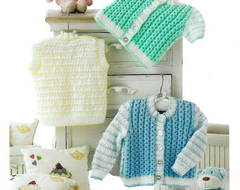 UKHA Knitting Pattern, Baby waistcoat pattern, Knitted baby pattern, UKHKA 139,  Double Knitting,  Baby hoodie pattern, Baby cardy pattern
