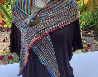 Handmade Rainbow Knit Shawlette: Superwash Wool Blend Pride Scarf