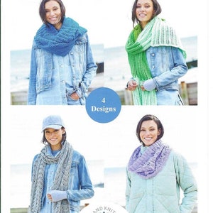 May include: Four different double knitting scarf designs featuring a variety of colours and patterns. The designs are shown on models wearing denim jackets and sweaters. The image also includes the text "Double Knitting" and "UKHKA 250".