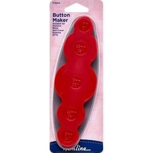 May include: Red plastic button maker with five different sized circles for making self-cover buttons. The packaging says "Hemline Button Maker" and "5 Sizes".