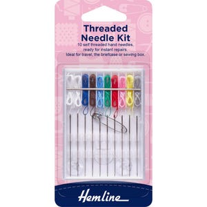 May include: A plastic container with a clear lid containing a sewing kit with 10 self-threaded needles, a safety pin, and assorted coloured threads. The container is labelled "Threaded Needle Kit" and "Hemline".