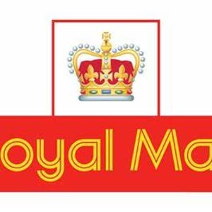 May include: Royal Mail logo with a red background and gold lettering. A gold crown with red jewels is above the text.