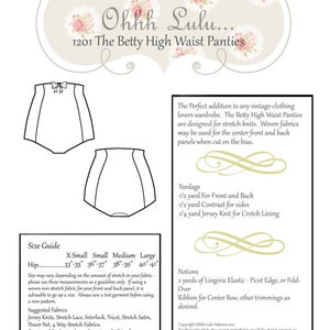 May include: A sewing pattern for high-waisted panties called "The Betty High Waist Panties." The pattern includes instructions for cutting and sewing the fabric, as well as a size guide for hip measurements ranging from 33 to 41 inches. The pattern also includes a list of suggested fabrics, such as jersey knits, stretch lace, and stretch satin.