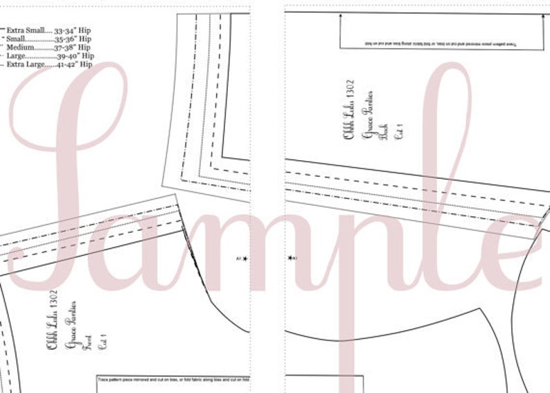 May include: A black and white sewing pattern for a Grace Parlies dress, labeled "Chhh Lulu 1302", with size chart for hip measurements in inches.