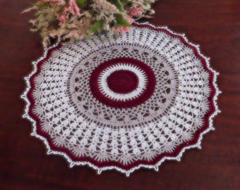 Round Crochet Doily, Handmade Lace Doily, Coffee Table Decor, Dresser Scarf, Silver Gray and Burgundy, 15 Inches