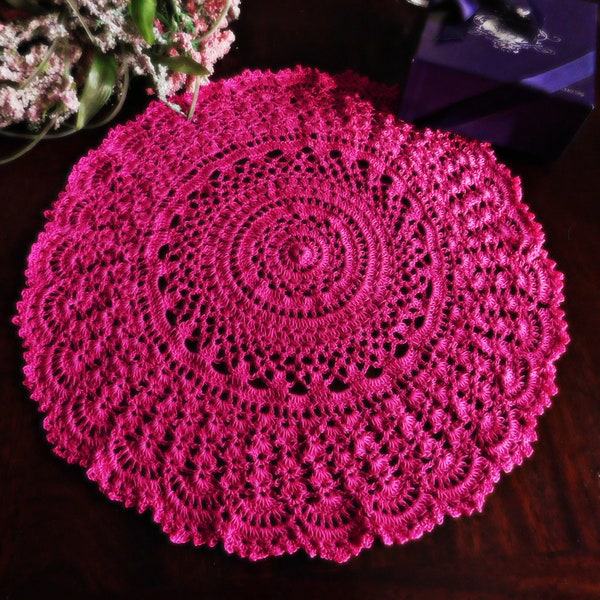 Crochet Doily in Bold Magenta, Handmade Lace Doily, Fun Hot Pink Home Accent, Coffee Table Decor, Dresser Scarf