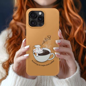 iPhone-hoesje grappige schattige kat, Samsung-hoesje cartoon kat in koffie, meisjeshoesje voor liefhebbers van koffie en dutjes