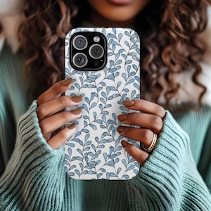 Blue Floral Phone Case | Botanical Leaf iPhone Cover | Minimalist Nature Design | Samsung & iPhone 15 Case