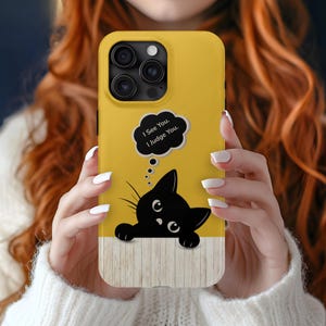 Telefoonhoesje grappige zwarte kat – iPhonehoesje schattige kat – Samsung-hoes cartoon kat – Girly-telefoonhoesje met Judgy Kitty-ontwerp