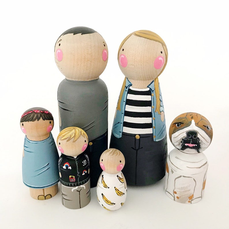 Custom Peg Doll Family of 6 // 2 Parents // 4 Kids/pets // Etsy