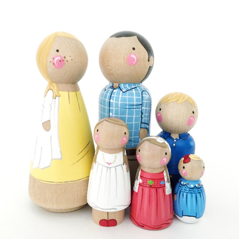 Custom Peg Doll Family of 6 // 2 Parents // 4 Kids/pets // Etsy