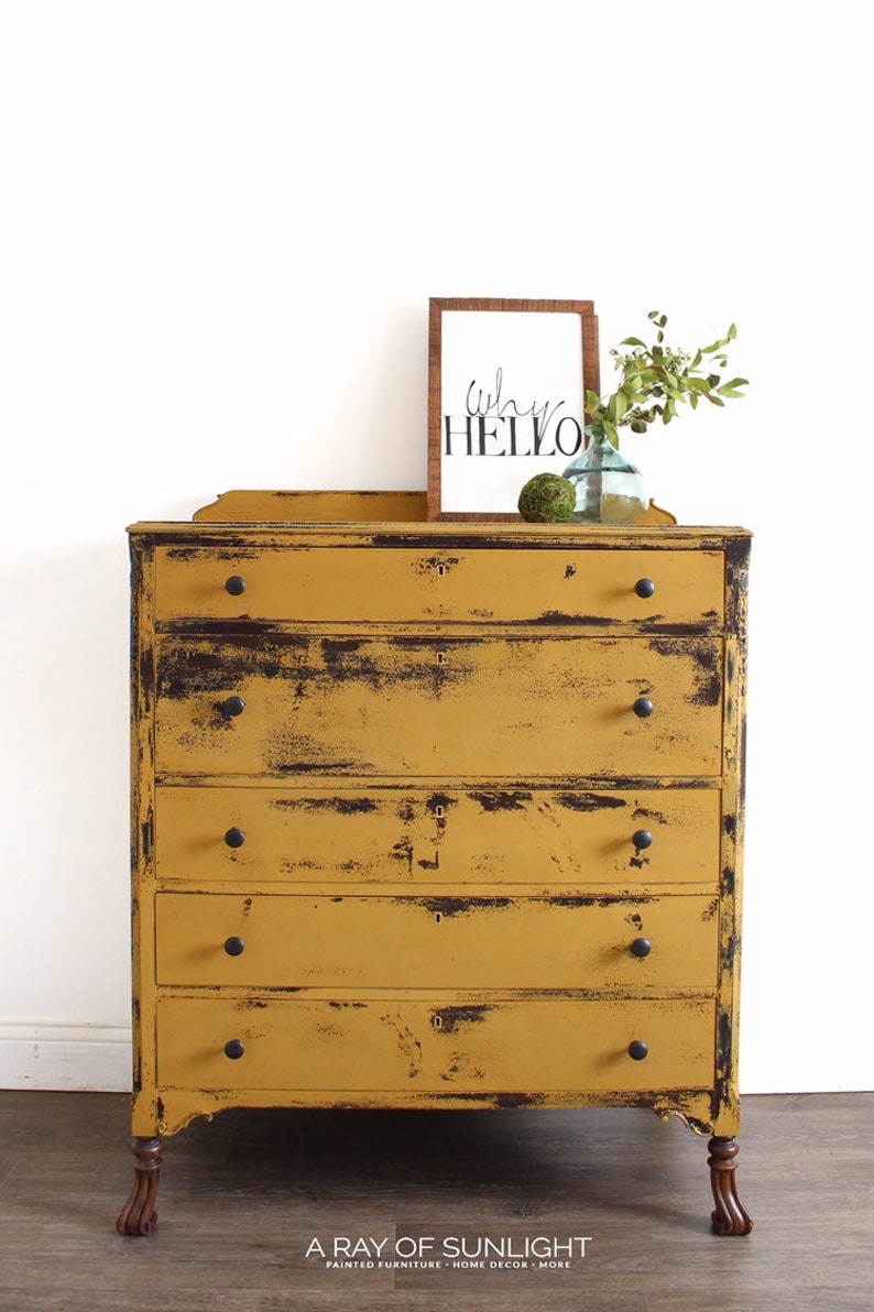 Sold Out Mustard Yellow Tall Dresser Chippy Painted Etsy