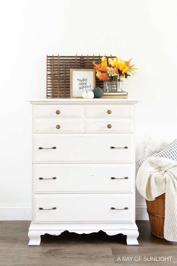 Tall Creamy White Dresser Vintage Furniture Farmhouse Image 0