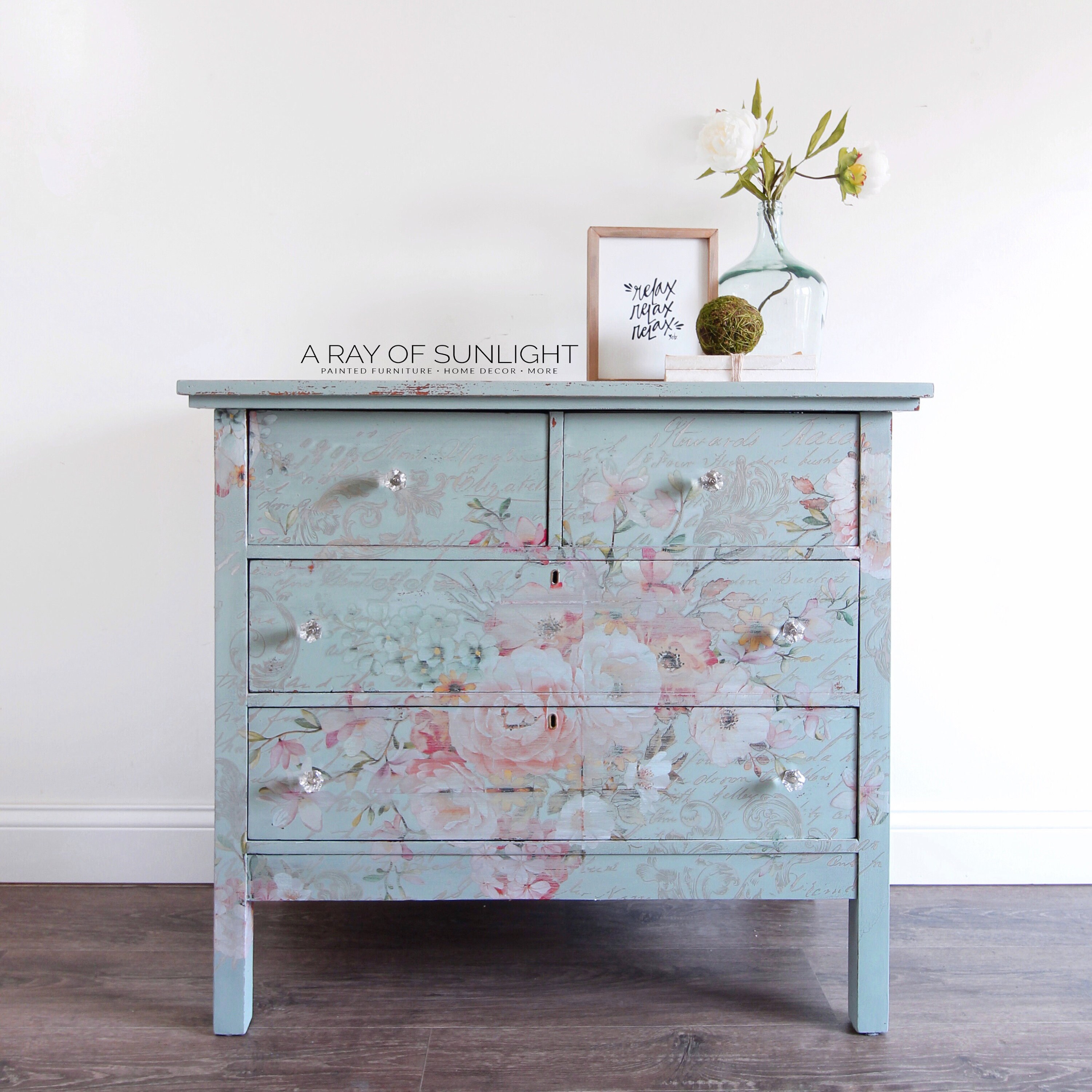 Teal Blue Dresser With Floral Design Farmhouse Dresser Etsy