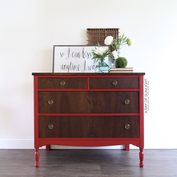 Red Dresser Vintage Dresser Two Tone Dresser Painted Etsy