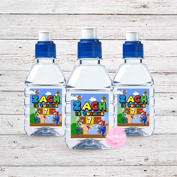 DIGITAL Personalised SUPER MARIO Birthday Party Pop Top Drink Water Bottle Labels a4 x16
