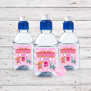 PRINTED Personalised Paw-ty Skye Everest Pink Birthday Party Pop Top Water Bottle Labels x16