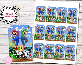 INSTANT DOWNLOAD Digital Super MARIO Bros Brothers Luigi Thank You Favor Tags, Birthday Party Printable, Party Favour Favor Tags