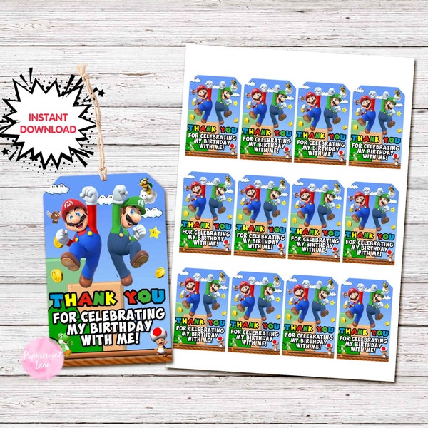 DESCARGA INSTANTE Digital Super MARIO Bros Hermanos Luigi Gracias Etiquetas a favor, Fiesta de cumpleaños imprimible, Etiquetas a favor del favor de la fiesta