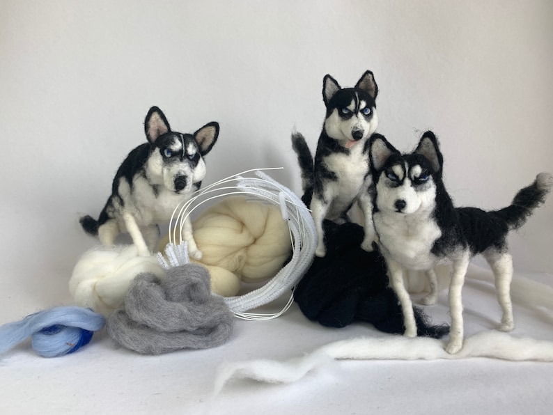 husky dog wool realistic doll 3D portrait material suply pack wool needle felted pet sculpture customized for memorial gift made to order
