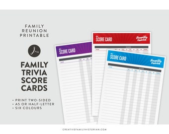 Trivia score card printable for genealogy party games, family reunion gift, instant download