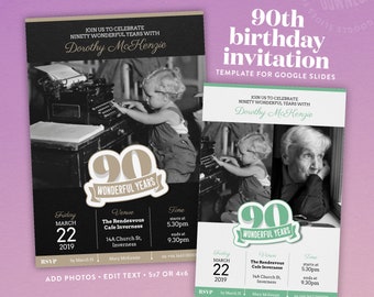 90th birthday invitation template for Google Slides available in 4x6 or 5x7 | Instant Download