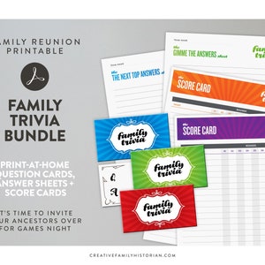 Family History Trivia Bundle - Printable Question Cards, Answer Sheets and Score Cards