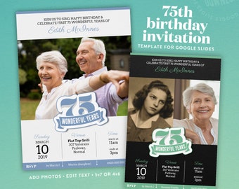 75th birthday or wedding anniversary photo invitation template for Google Slides  | Instant Download