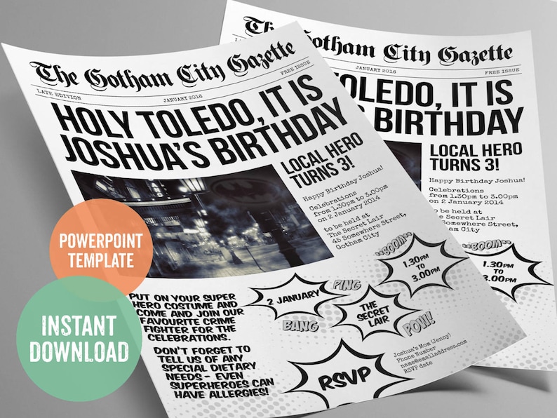 Batman Inspired Superhero Newspaper Invitation Template For Etsy