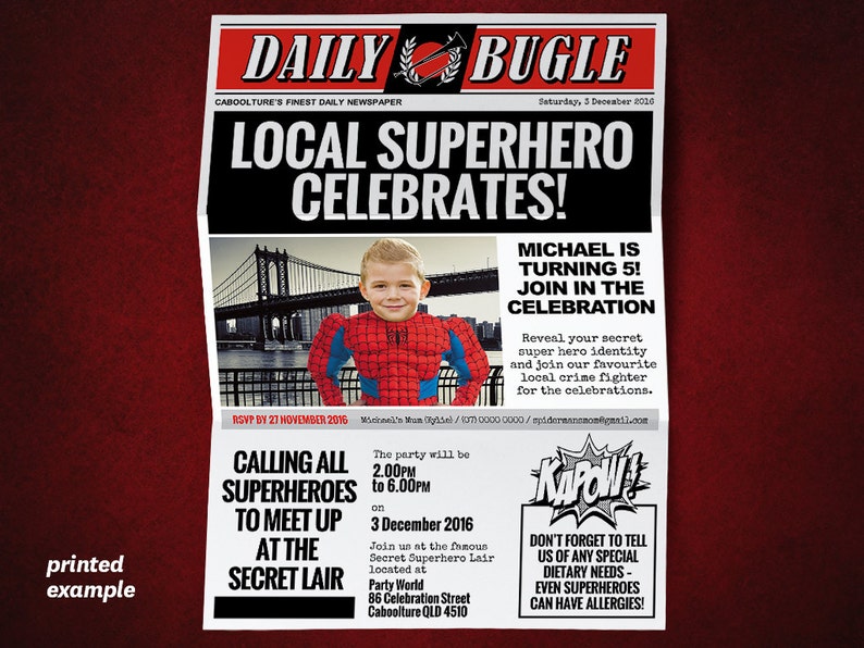 Diy Superhero Newspaper Invitation Template For A Spiderman Etsy