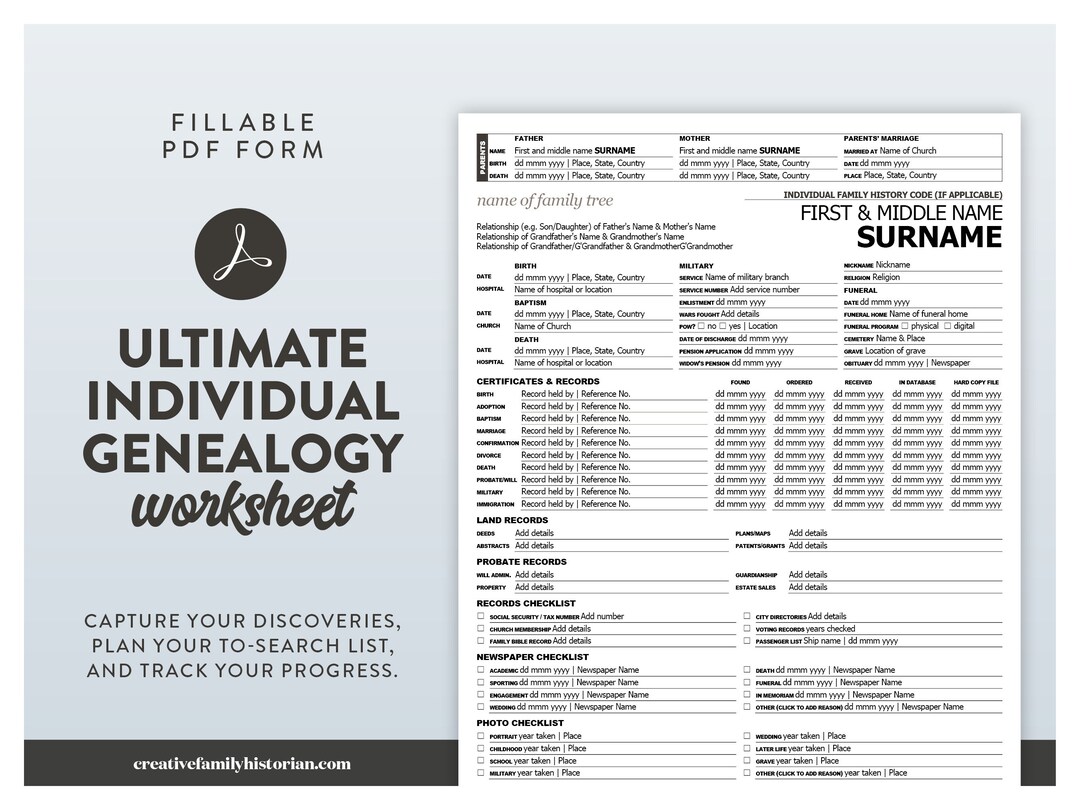 Ultimate Individual Genealogy Worksheet PDF Pack A4 US Letter Fillable ...