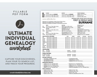 Ultimate Individual Genealogy Worksheet | PDF Pack | A4 + US Letter | Fillable Form