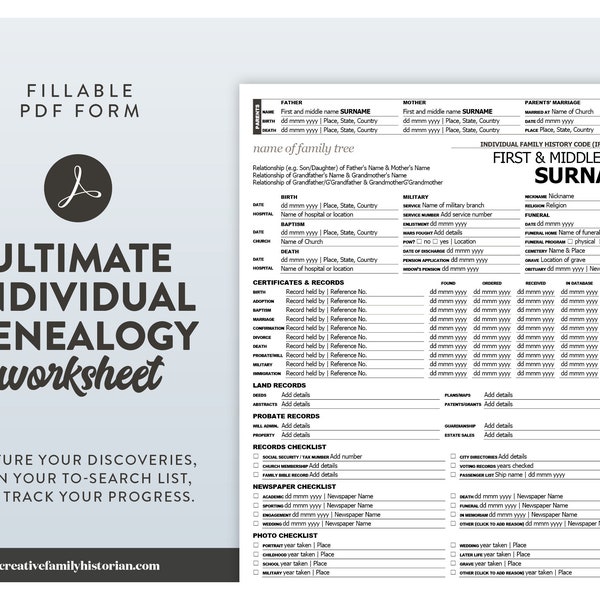 Ultimate Individual Genealogy Worksheet | PDF Pack | A4 + US Letter | Fillable Form