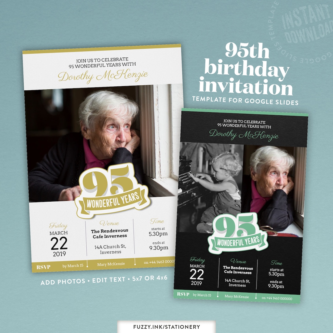 95th Birthday Invitation Template for Google Slides in 4x6 or Etsy