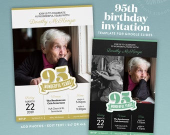 95th birthday invitation template for Google Slides in 4x6 or 5x7 | Instant Download