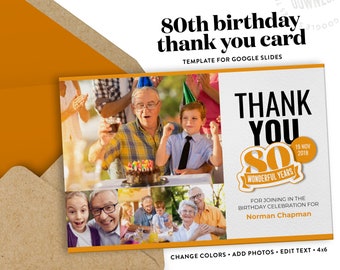 80th Birthday Thank You Card Template for Google Slides | Instant Download