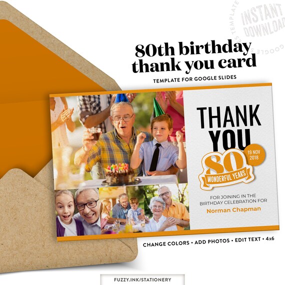 80th Birthday Thank You Card Template for Google Slides | Etsy