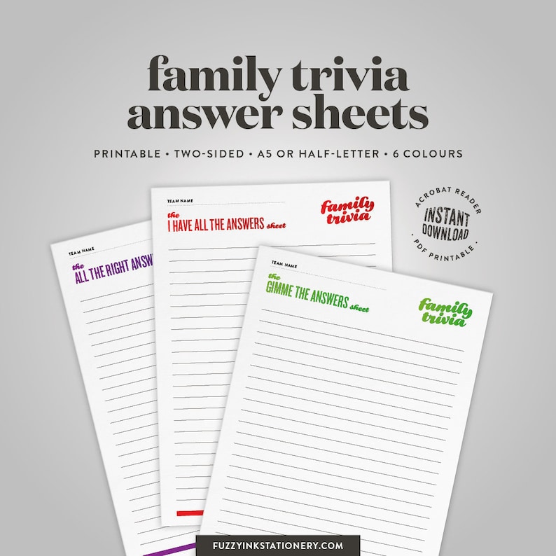 Loved ones trivia options sheet printable for household reunion bash video games, build your genealogy recreation, immediate obtain graphic regarding Printable Answer Sheet identified as Household trivia solutions sheet printable for family members reunion get together game titles, deliver your genealogy video game, instantaneous down load