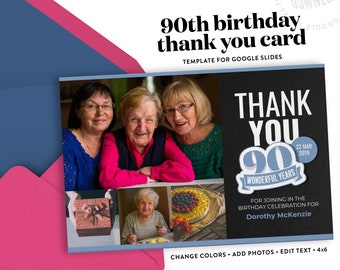 90th Birthday Thank You 4x6 Postcard Template for Google Slides | Instant Download