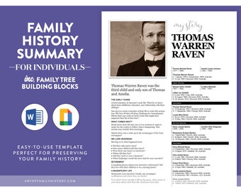 Family History Summary, Ancestor Snapshot, Ancestor Summary, Ancestor Story, Template, Google Docs, Microsoft Word, A4 or US Letter