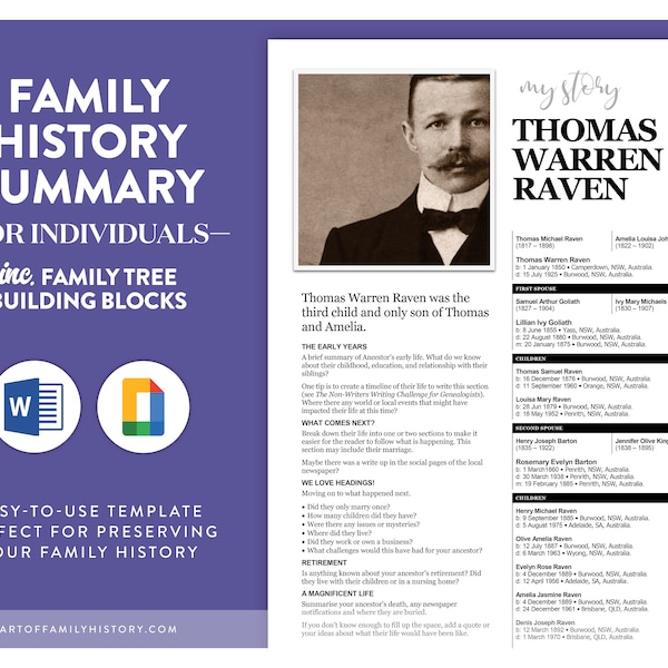 Family History Summary, Ancestor Snapshot, Ancestor Summary, Ancestor Story, Template, Google Docs, Microsoft Word, A4 or US Letter