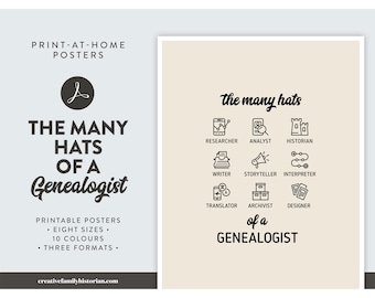 The Many Hats of a Genealogist, a Family History Art Print, Printable Posters, Genealogy Wall Decor