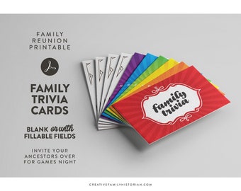 Family reunion party games, printable trivia question card template, instant download